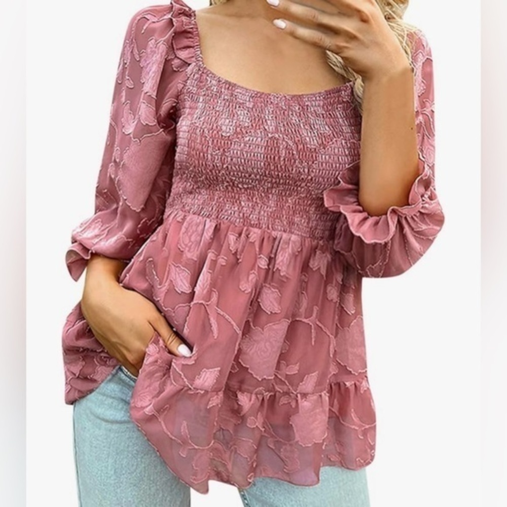 Bolayu Women’s Boho Frill Square Neck Ruched Blouse Size S
